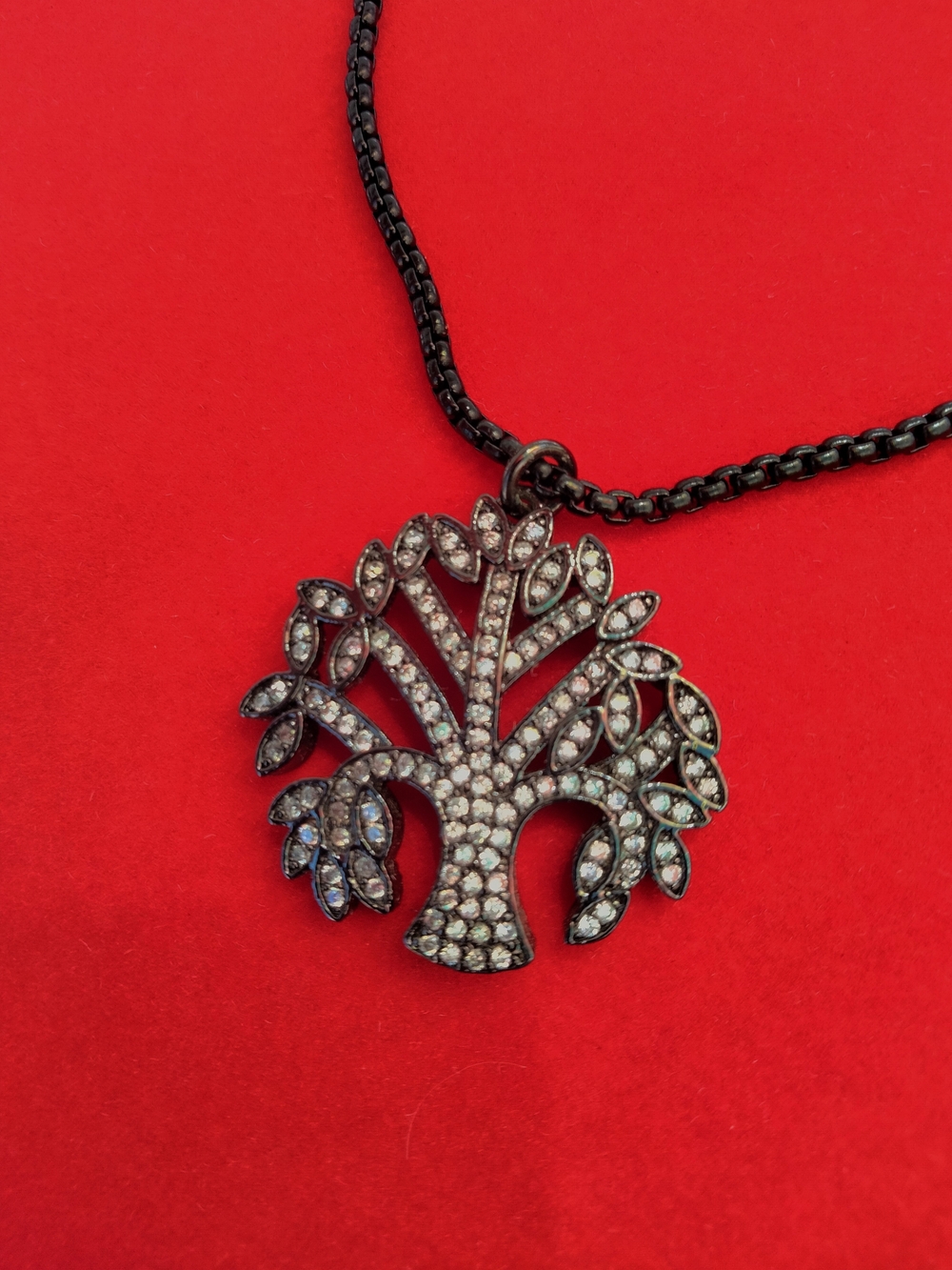 Cubic Zirconias Tree of Life Pendant Necklace - Black Chain, Clear Crystals